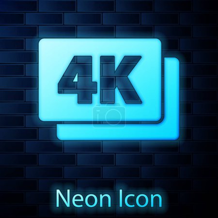 Illustration for Glowing neon 4k Ultra HD icon isolated on brick wall background. Vector. - Royalty Free Image