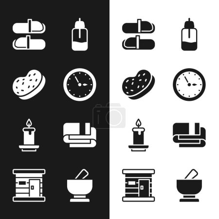 Illustration for Set Sauna clock Bath sponge slippers Essential oil bottle Aroma candle Towel stack Mortar pestle and wooden bathhouse icon. Vector. - Royalty Free Image