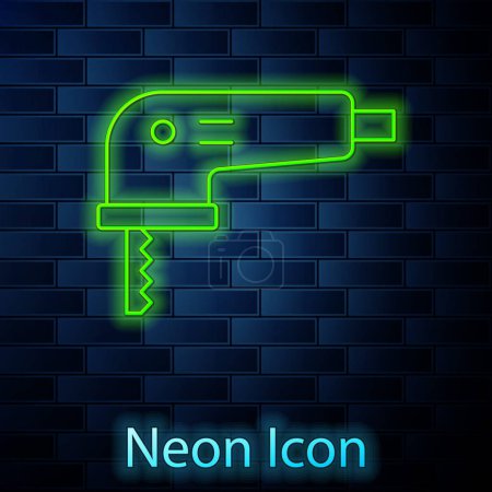 Illustration for Glowing neon line Electric jigsaw with steel sharp blade icon isolated on brick wall background. Power tool for woodwork. Vector. - Royalty Free Image