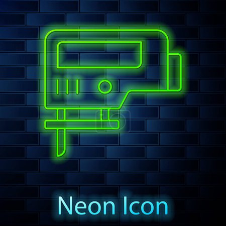Illustration for Glowing neon line Electric jigsaw with steel sharp blade icon isolated on brick wall background. Power tool for woodwork. Vector. - Royalty Free Image