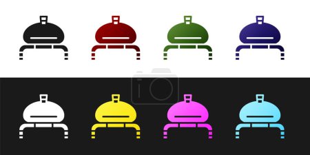 Illustration for Set Bread and salt on towel icon isolated on black and white background. National food loaf. Traditional ukrainian wedding bread.  Vector. - Royalty Free Image