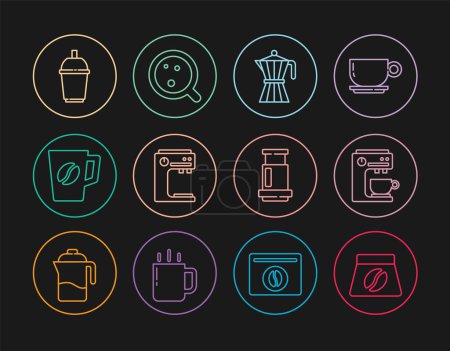 Illustration for Set line Bag of coffee beans, Coffee machine, moca pot, cup, to go, Aeropress and  icon. Vector - Royalty Free Image