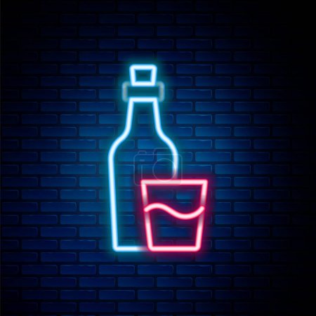 Glowing neon line Soju bottle icon isolated on brick wall background. Korean rice vodka. Colorful outline concept. Vector
