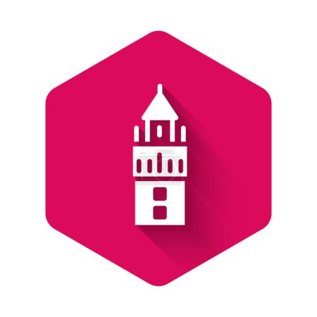 Illustration for White Giralda in Seville Spain icon isolated with long shadow. Pink hexagon button. Vector. - Royalty Free Image