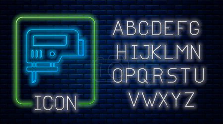 Illustration for Glowing neon Electric jigsaw with steel sharp blade icon isolated on brick wall background. Power tool for woodwork. Neon light alphabet. Vector - Royalty Free Image