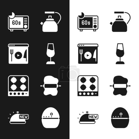 Illustration for Set Wine glass, Cooking live streaming, Microwave oven, Kettle with handle, Gas stove, Rolling pin on dough, Kitchen timer and Covered tray of food icon. Vector - Royalty Free Image