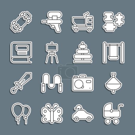 Illustration for Set line Baby stroller, Whirligig toy, Swing, Toy truck, Wood easel, Book, Skateboard and Pyramid icon. Vector - Royalty Free Image