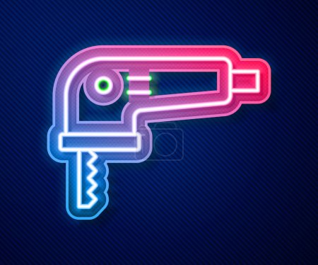 Illustration for Glowing neon line Electric jigsaw with steel sharp blade icon isolated on blue background. Power tool for woodwork.  Vector - Royalty Free Image