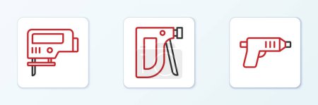 Illustration for Set line Electric cordless screwdriver, jigsaw and Construction stapler icon. Vector - Royalty Free Image