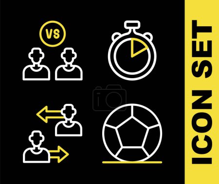Illustration for Set line Stopwatch, Soccer football ball, Substitution player and Football or soccer icon. Vector - Royalty Free Image