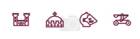 Illustration for Set line Castle, Medieval iron helmet, King crown and Catapult shooting stones icon. Vector. - Royalty Free Image