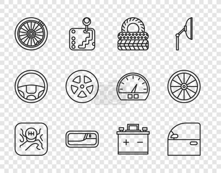 Ilustración de Set line Cambiador de marchas, Puerta del coche, neumático, asa, rueda, batería e icono. Vector - Imagen libre de derechos