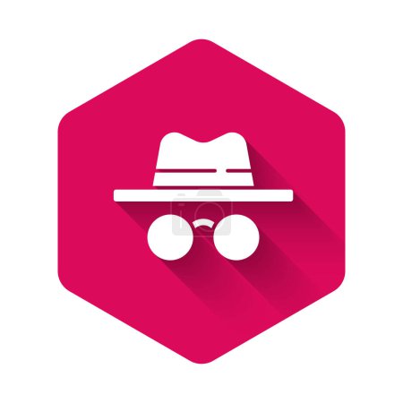 Illustration for White Incognito mode icon isolated with long shadow. Pink hexagon button. Vector. - Royalty Free Image