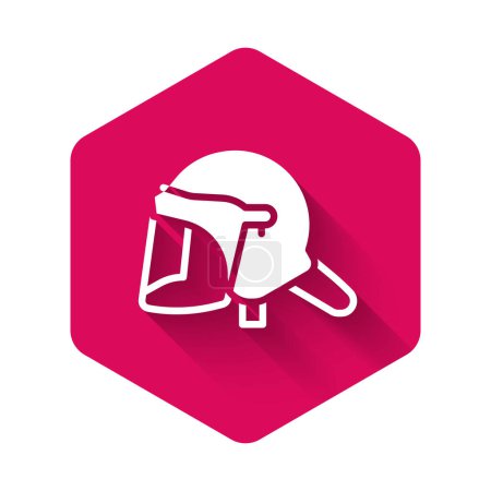 Illustration for White Police helmet icon isolated with long shadow. Military helmet. Pink hexagon button. Vector. - Royalty Free Image