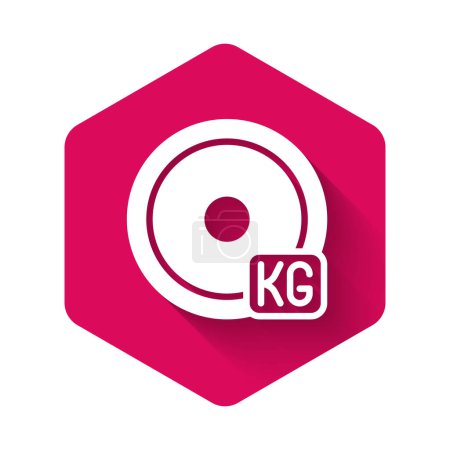 Illustration for White Weight plate icon isolated with long shadow background. Equipment for bodybuilding sport, workout exercise and fitness. Pink hexagon button. Vector - Royalty Free Image