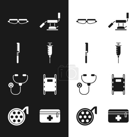 Ilustración de Conjunto de jeringa, sierra médica, gafas de seguridad, silla dental, estetoscopio, camilla, kit de primeros auxilios e icono de la lámpara de cirugía. Vector - Imagen libre de derechos