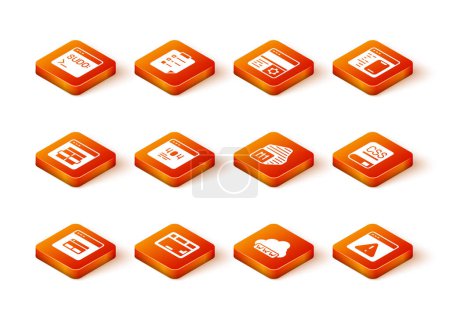 Illustration for Set Search engine, Keyboard, MySQL code, Page with 404 error, Web development, Processor, Browser exclamation mark and Books about programming icon. Vector - Royalty Free Image