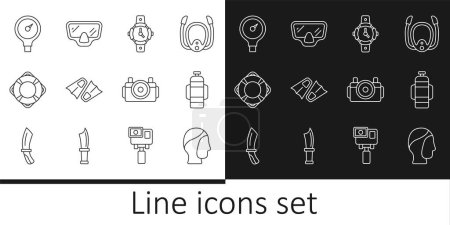 Illustration for Set line Diving hood, Aqualung, watch, Flippers for swimming, Lifebuoy, Gauge scale, Photo camera diver and mask icon. Vector - Royalty Free Image