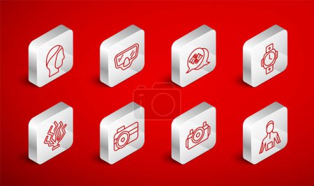 Illustration for Set line Wetsuit for scuba diving, Diving mask, Flippers swimming, watch, Photo camera diver, hood,  and Coral icon. Vector - Royalty Free Image