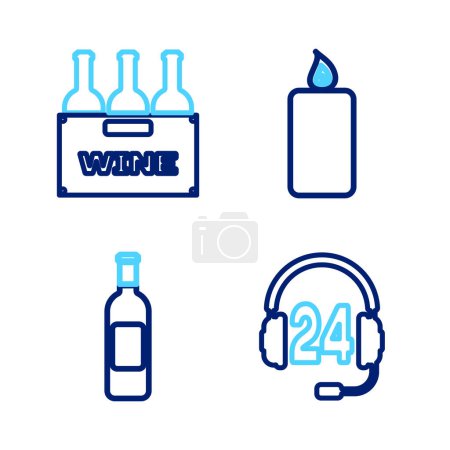 Ilustración de Establecer línea de auriculares para el apoyo, Botella de vino, Vela ardiente y Botellas icono de la caja. Vector - Imagen libre de derechos