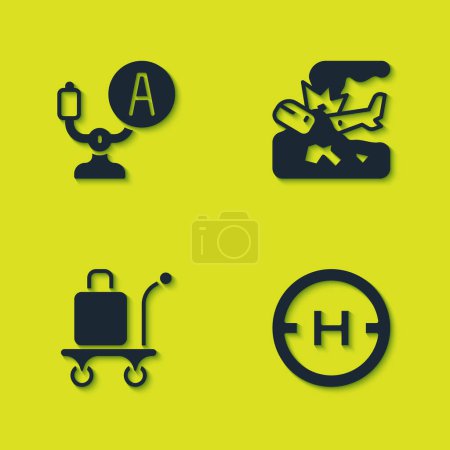 Illustration for Set Aircraft steering helm, Helicopter landing pad, Trolley baggage and Plane crash icon. Vector - Royalty Free Image