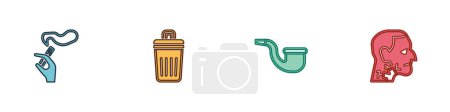 Illustration for Set Hand with smoking cigarette, Trash can, No pipe and Throat cancer icon. Vector - Royalty Free Image