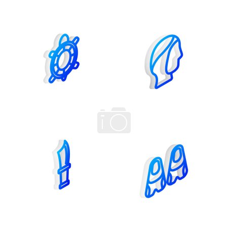 Illustration for Set Isometric line Diving hood, Turtle, knife and Flippers for swimming icon. Vector - Royalty Free Image