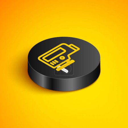Illustration for Isometric line Electric jigsaw with steel sharp blade icon isolated on yellow background. Power tool for woodwork. Black circle button. Vector - Royalty Free Image
