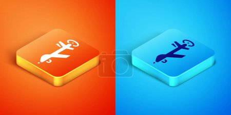 Illustration for Isometric UAV Drone icon isolated on orange and blue background. Military Unmanned aircraft spy.  Vector - Royalty Free Image