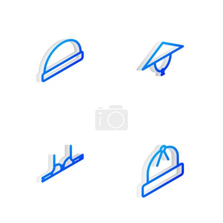 Illustration for Set Isometric line Asian conical hat, Beanie, Bra and Winter icon. Vector. - Royalty Free Image