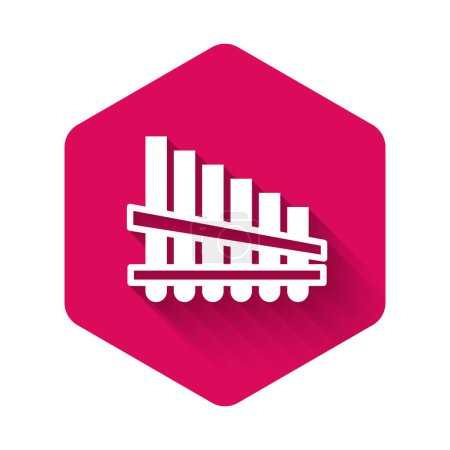 Illustration for White Pan flute icon isolated with long shadow. Traditional peruvian musical instrument. Zampona. Folk instrument from Peru, Bolivia and Mexico. Pink hexagon button. Vector. - Royalty Free Image