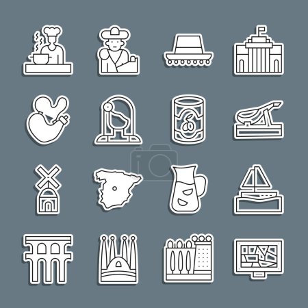 Illustration for Set line Picture art, Yacht sailboat, Spanish jamon, hat, woman, wineskin, cook and Olives can icon. Vector - Royalty Free Image