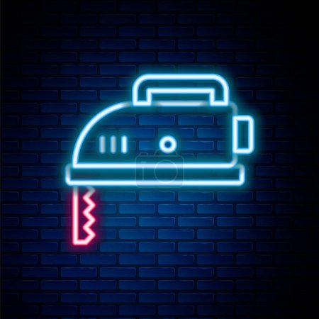 Illustration for Glowing neon line Electric jigsaw with steel sharp blade icon isolated on brick wall background. Power tool for woodwork. Colorful outline concept. Vector - Royalty Free Image