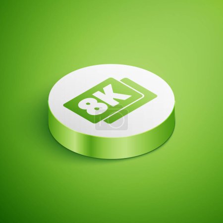 Illustration for Isometric 8k Ultra HD icon isolated on green background. White circle button. Vector. - Royalty Free Image