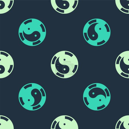 Ilustración de Verde y beige Yin Yang símbolo de armonía y equilibrio icono aislado patrón sin costura sobre fondo azul. Vector - Imagen libre de derechos