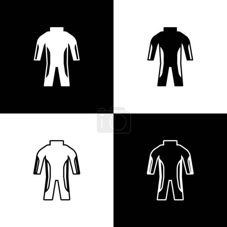 Téléchargez les illustrations : Set Combinaison pour icône de plongée isolée sur fond noir et blanc. Équipement de plongée sous-marine. Vecteur - en licence libre de droit