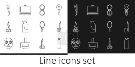 Illustration for Set line Cream cosmetic tube, Eyeliner, eyebrow, Makeup powder with mirror, Scissors, Curling iron, Hand and  icon. Vector - Royalty Free Image