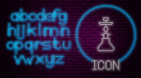 Illustration for Glowing neon line Hookah icon isolated on brick wall background. Neon light alphabet. Vector. - Royalty Free Image