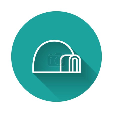 Illustration for White line Igloo ice house icon isolated with long shadow. Snow home, Eskimo dome-shaped hut winter shelter, made of blocks. Green circle button. Vector. - Royalty Free Image
