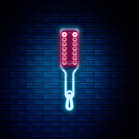 Leuchtende Neon-Linie Spanking Paddel-Symbol isoliert auf Backsteinwand Hintergrund. Fetisch-Accessoire. Sexspielzeug für Erwachsene. Buntes Rahmenkonzept. Vektor