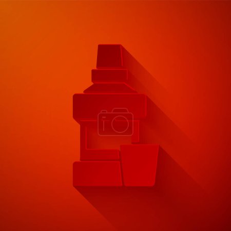 Illustration for Paper cut Mouthwash plastic bottle and glass icon isolated on red background. Liquid for rinsing mouth. Oralcare equipment. Paper art style. Vector. - Royalty Free Image