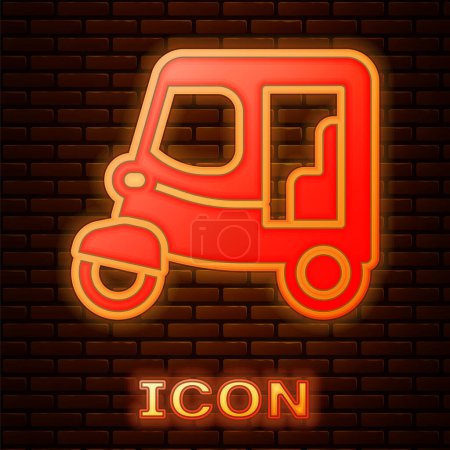 Illustration for Glowing neon Taxi tuk tuk icon isolated on brick wall background. Indian auto rickshaw concept. Delhi auto.  Vector. - Royalty Free Image