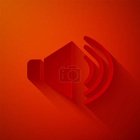 Papiergeschnittene Lautstärke des Lautsprechers, Audio-Sprachton-Symbol, Medienmusik-Symbol isoliert auf rotem Hintergrund. Papierkunst. Vektor.