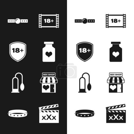Set Bottle with pills for potency, Shield 18 plus, Silicone ball gag, Play Video, Penis pump, Sex shop building, Movie clapper and Leather fetish collar icon. Vector