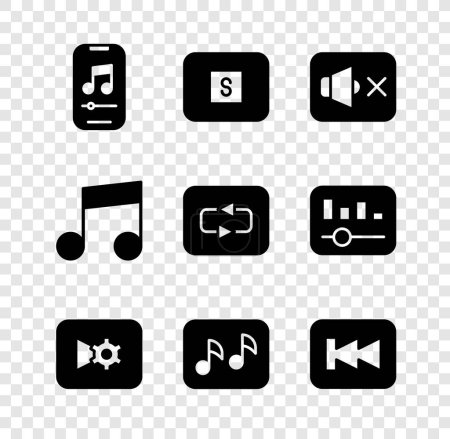 Set Music player, Stop media button, Speaker mute, or video settings, note, tone, Rewind,  and Repeat icon. Vector