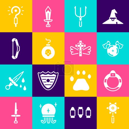 Set Medieval chained mace ball, Magic stone ring, shield with axe, Neptune Trident, Bomb ready explode, bow, wand and Christian cross icon. Vector