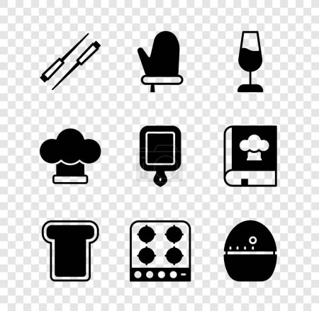 Illustration for Set Food chopsticks, Oven glove, Wine glass, Bread toast, Gas stove, Kitchen timer, Chef hat and Cutting board icon. Vector - Royalty Free Image