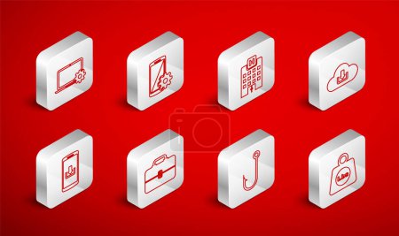 Set line Weight pounds, Setting on smartphone, Medical hospital building, Cloud download, Fishing hook, Laptop and gear, Toolbox and Smartphone with icon. Vector