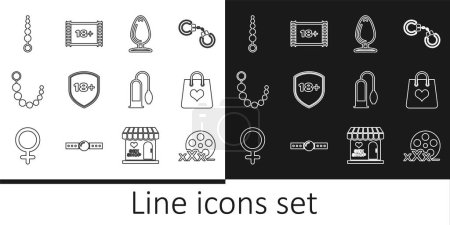 Set line Film reel with Sex, Shopping bag heart, Anal plug, Shield 18 plus, beads, Penis pump and Play Video icon. Vector