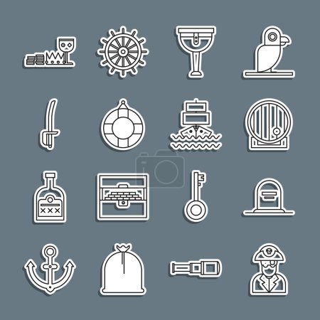 Set line Pirate captain, Tombstone with RIP written, Wooden barrel, pirate leg, Lifebuoy, sword, Treasure and riches and Ship icon. Vector